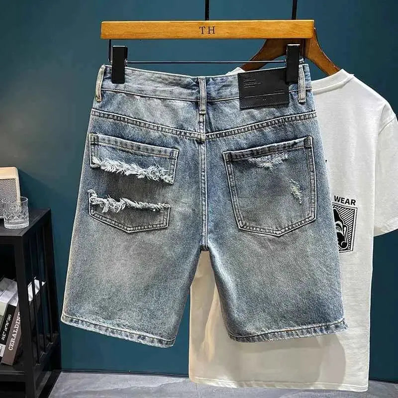 Korean Ripped Mens Denim Shorts Vintage Style Casual Summer Everyday Wear TeenStylo