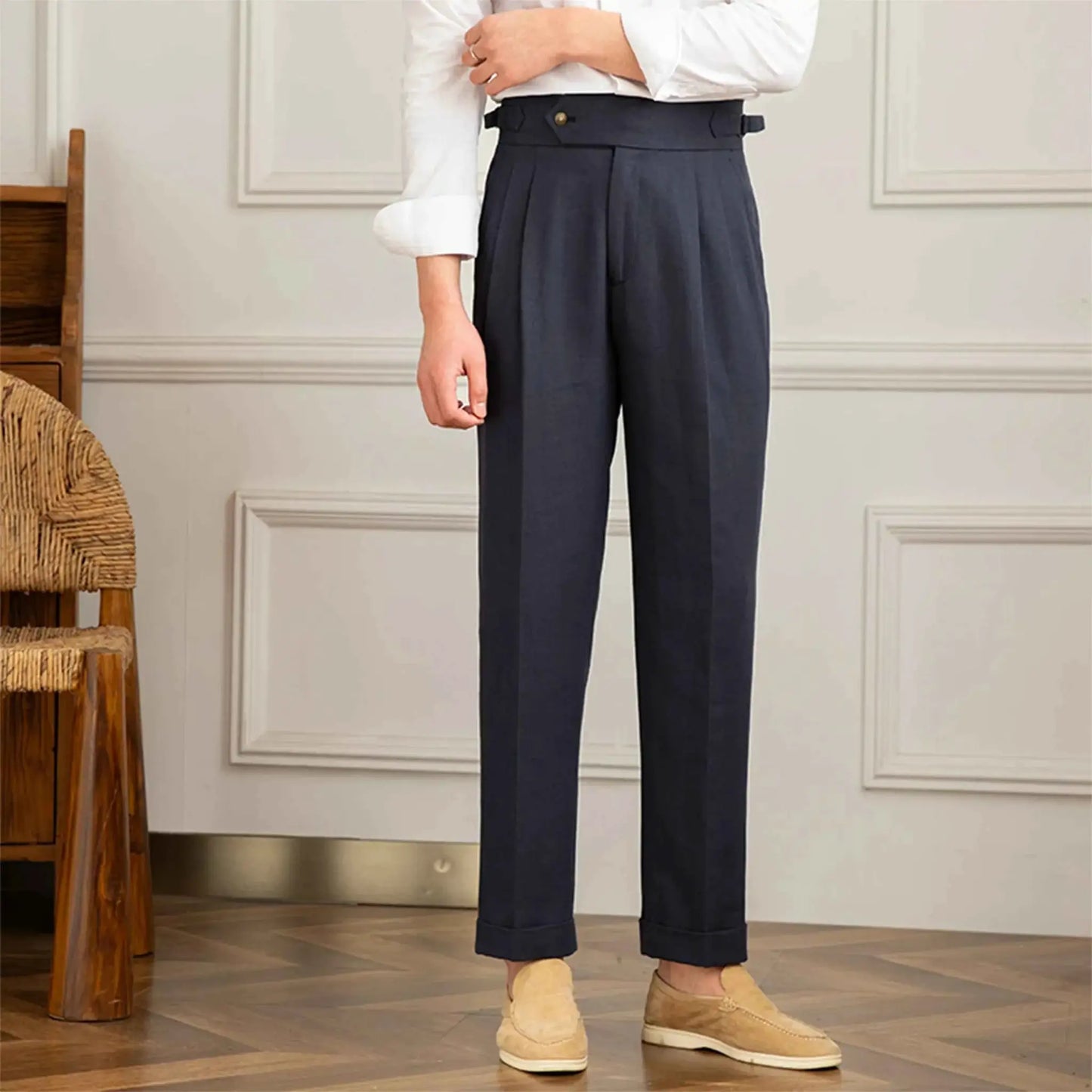 Three Gentlemen Summer Naples Mens Casual Straight Pants Cotton And Linen Breathable High Waist
