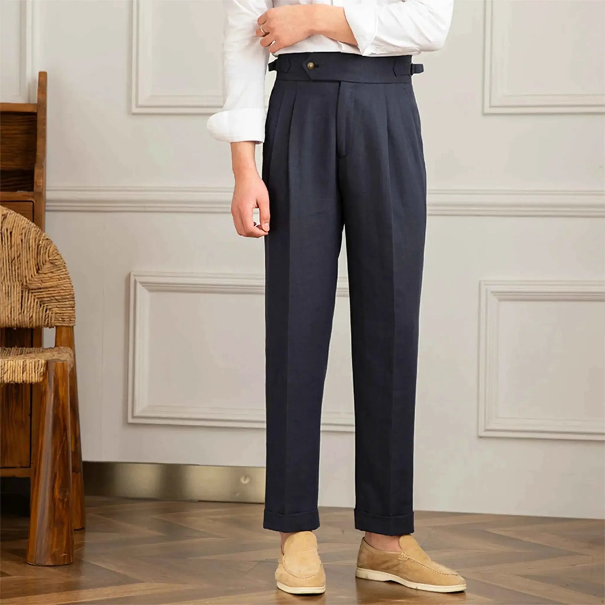 Three Gentlemen Summer Naples Mens Casual Straight Pants Cotton And Linen Breathable High Waist