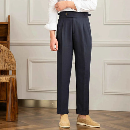 Three Gentlemen Summer Naples Mens Casual Straight Pants Cotton And Linen Breathable High Waist
