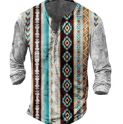 Vintage Style Men's Long Sleeve T Shirt Ethnic Graphic 3D Print Oversized Button Tee