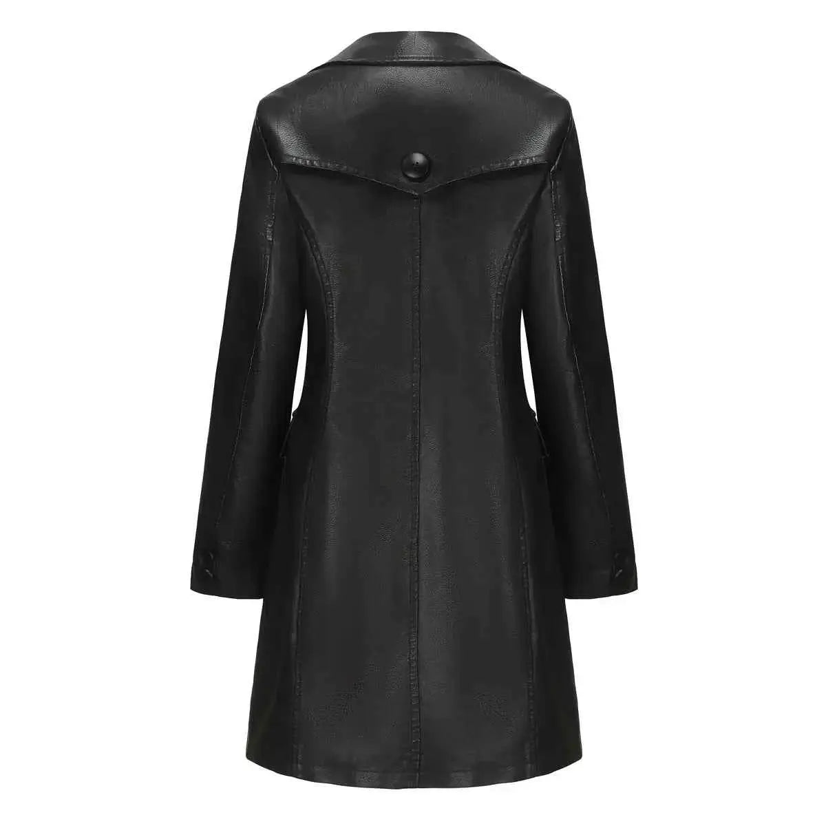 Black Women PU Leather Long Jacket Windbreaker For Spring And Autumn Lapel Single Breasted Long Sleeve