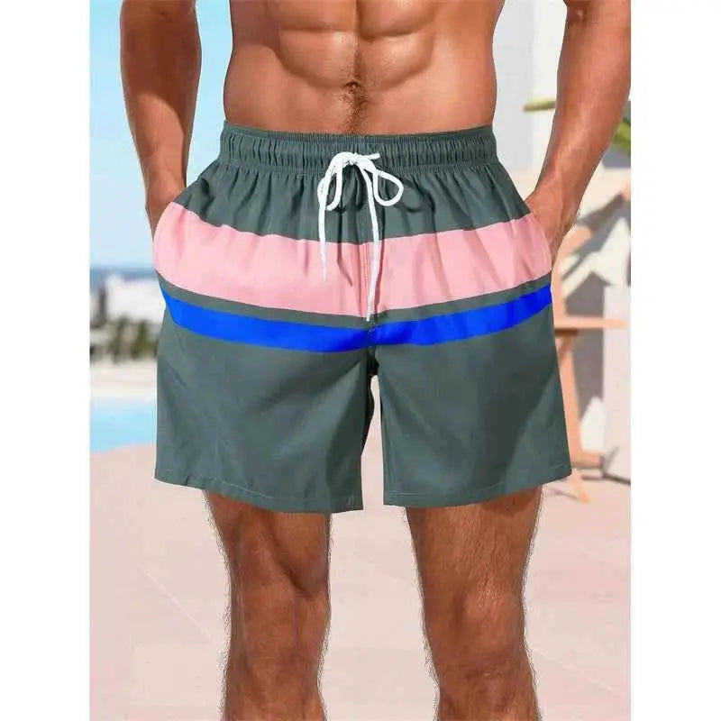 Colorful Stripe Pattern Beach Shorts For Men With Color Stitching 3D Printed Swim Trunks Hawaii Board Shorts