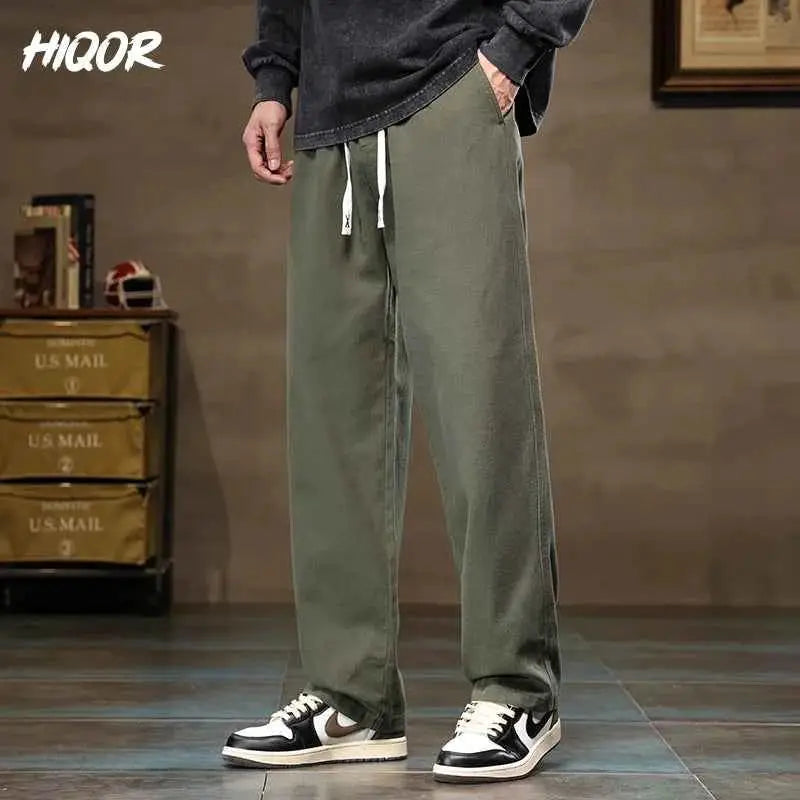 HIQOR Men Casual Cotton Vintage Jogger Pants Loose Straight Wide Leg Cargo Streetwear Trousers
