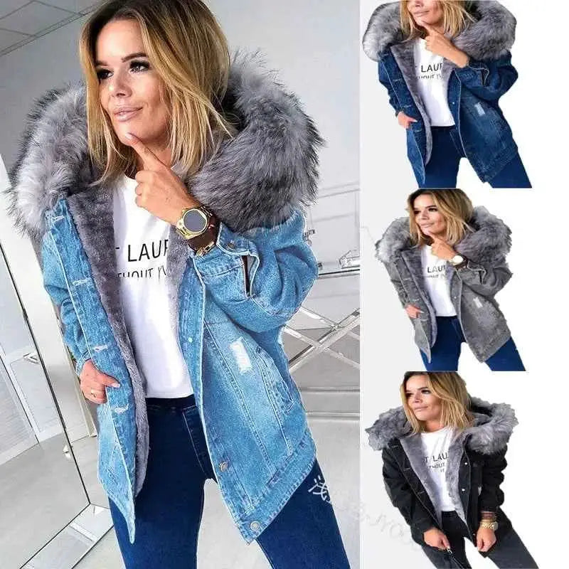Winter Vintage Ripped Denim Coat With Hooded Plush Lining Pocket Stitching Long Sleeve Baggy Jacket For Women
