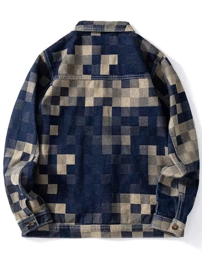 Vintage Loose Denim Jacket With Grid Pattern For Men Casual American Jean Coat Made For Everyday Wear