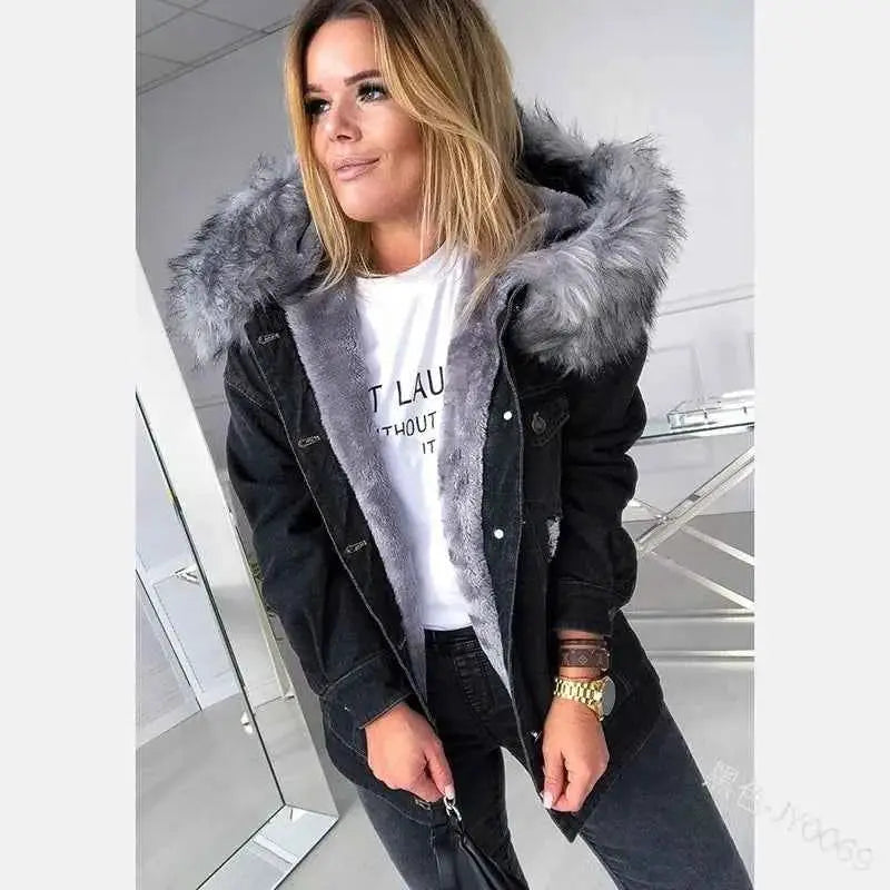 Winter Vintage Ripped Denim Coat With Hooded Plush Lining Pocket Stitching Long Sleeve Baggy Jacket For Women
