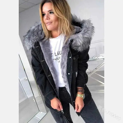Winter Vintage Ripped Denim Coat With Hooded Plush Lining Pocket Stitching Long Sleeve Baggy Jacket For Women