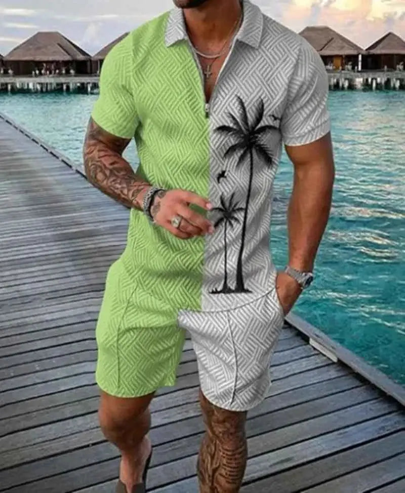Mens Summer Tracksuit Set 3D Printed Casual Short Sleeve T Shirt With Lapel Zip Polo For Jogging