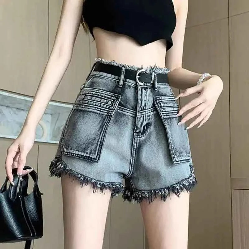 Korean Style High Waist Cargo Denim Shorts For Women Flowing Elastic Fit Trend 2025 Jeans Pants