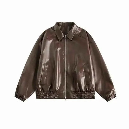 Retro Ladies Fashion Zipper Faux Leather Jacket Spring Autumn Women Long Sleeves Leather Coat PU Leather Outerwear 2025