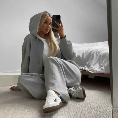 Casual Solid Tracksuit Two Piece Set Women Hooded Zipper Coat Sweatpants 2025 New Loose Fit