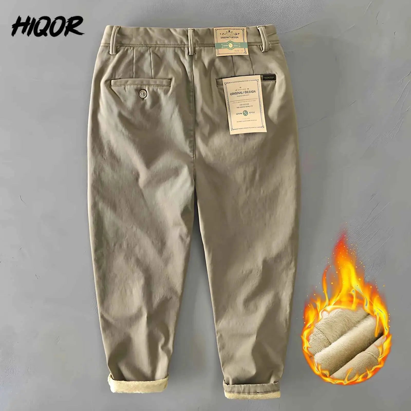 HIQOR Men Cargo Pants Winter 2026 Fleece Warm Khaki Casual Trousers Beading Design Business Pants