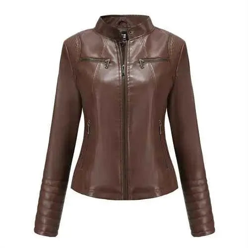 2026 Women's Slim Leather Jacket With Stand Up Collar Zipper Stitching Monochrome PU Coat Fashion Clothing