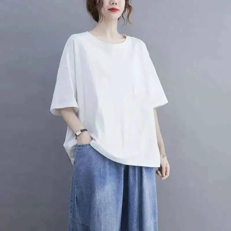 Oversized Womens Casual Korean Solid Color O Neck Short Sleeve T Shirt Summer Loose Pullover Top Tee