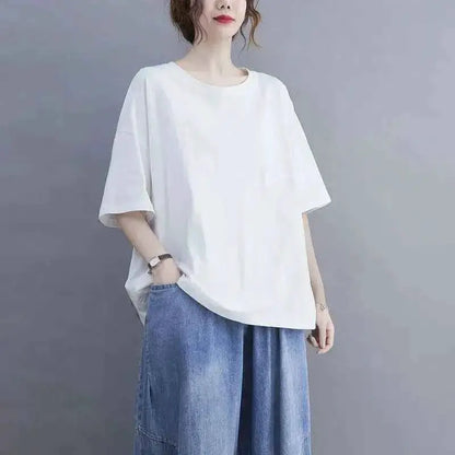 Oversized Womens Casual Korean Solid Color O Neck Short Sleeve T Shirt Summer Loose Pullover Top Tee