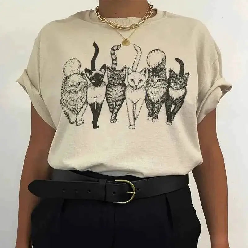 Cat Gang Drawing Womens T Shirt Graphic Tee Soft Cotton Casual Fit For Women TeenStylo