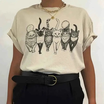 Cat Gang Drawing Womens T Shirt Graphic Tee Soft Cotton Casual Fit For Women TeenStylo