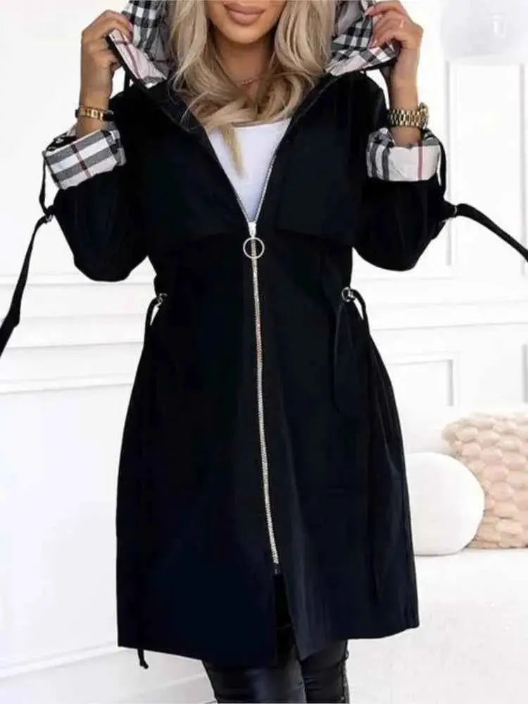 Autumn Winter Splicing Plaid Windbreaker Coat For Women Hooded Zipper Pocket Drawstring Waist Long Jacket