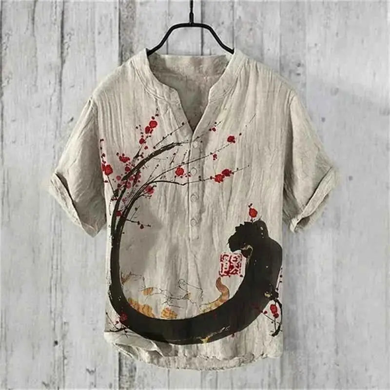 Summer Linen Blend Men's V Neck Short Sleeve T Shirt With The Great Wave Off Kanagawa Print