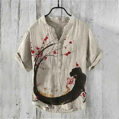 Summer Linen Blend Men's V Neck Short Sleeve T Shirt With The Great Wave Off Kanagawa Print