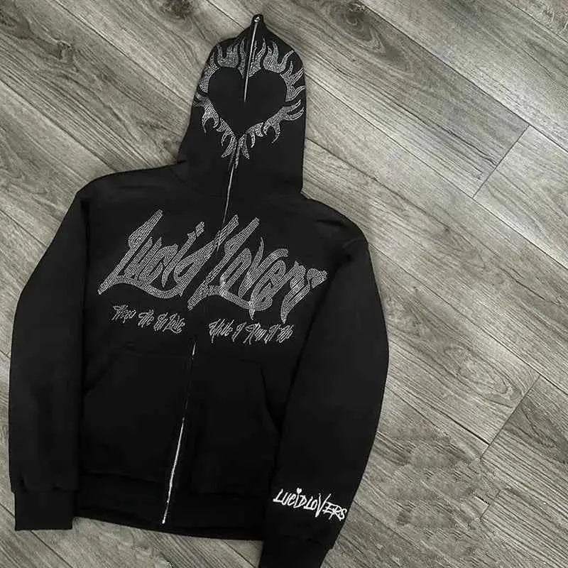 Y2K Jacket For Men Zip Hoodie Rhinestone Pattern Goth Sweatshirt Long Sleeve Oversized Pullover Hoodie