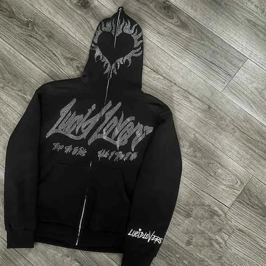 Y2K Jacket For Men Zip Hoodie Rhinestone Pattern Goth Sweatshirt Long Sleeve Oversized Pullover Hoodie