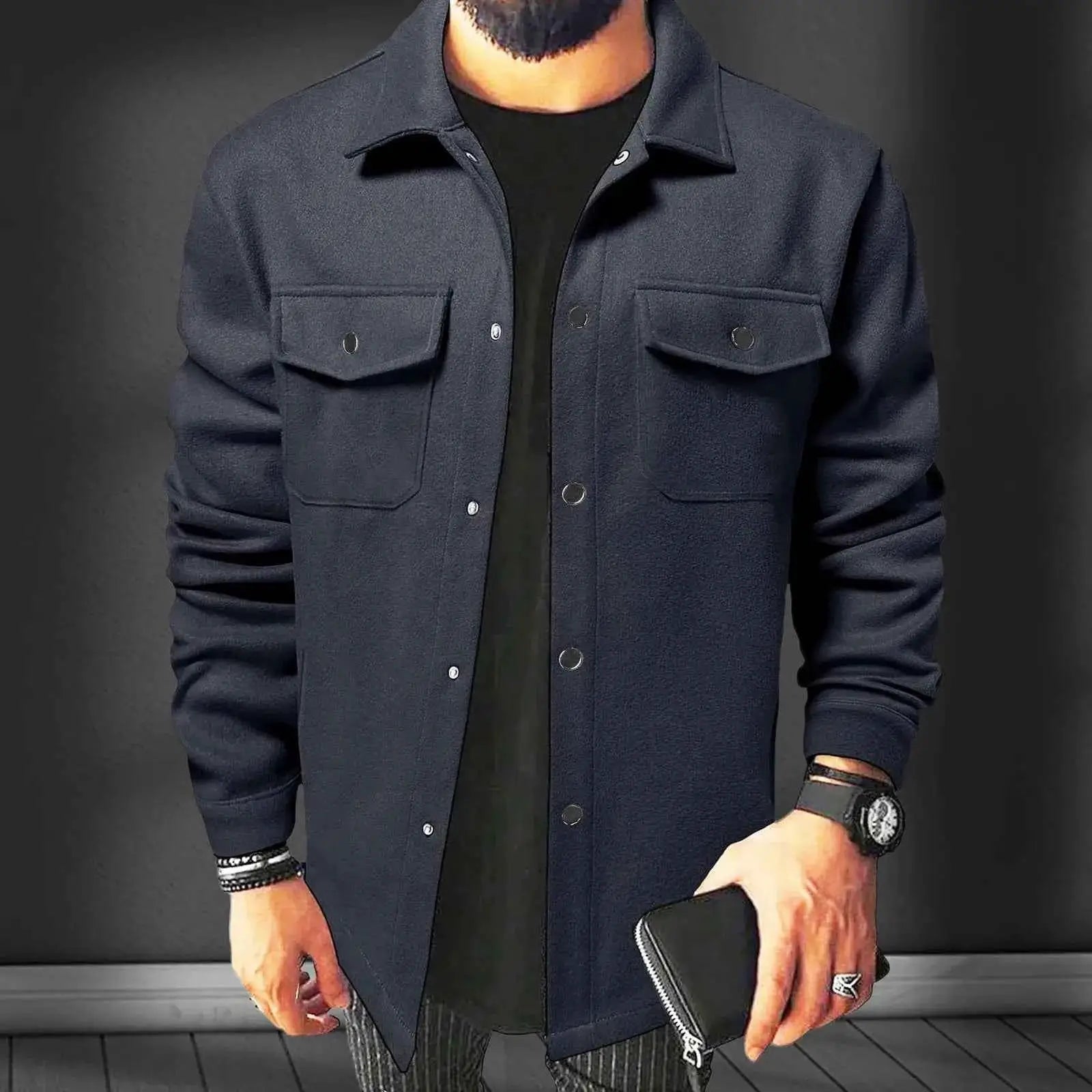 Men's Classic Solid Color Wool Jacket Casual Single Breasted Lapel Shirt Windbreaker Winter Outerwear
