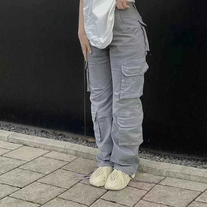 Women Denim Cargo Jeans With Button Pockets Straight Leg Y2K Mid Waist Casual Streetwear Trousers