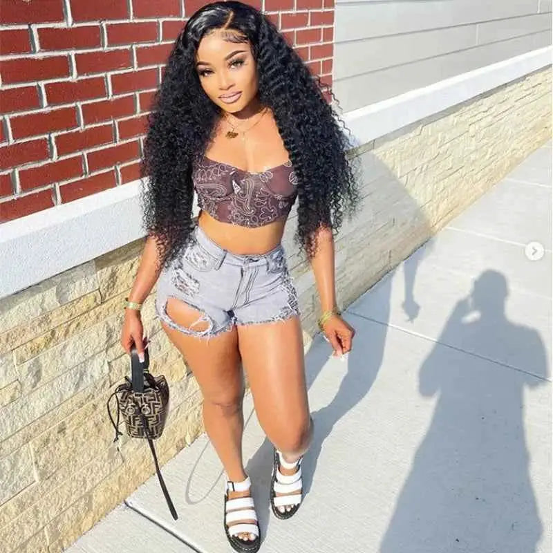 FAGADOER Gray High Waisted Button Denim Shorts For Women Street Style Casual Solid Color Distressed Hole Bottoms 2023