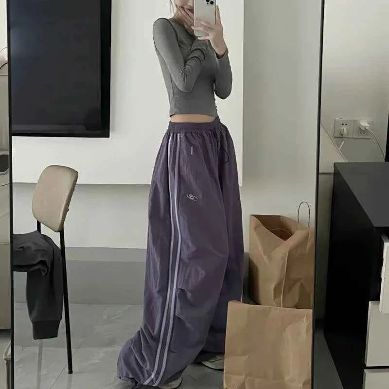 Y2K Women Cargo Pants Vintage Streetwear Baggy Wide Leg Sweatpants Drawstring Oversize Pockets Tech Fashion Trousers