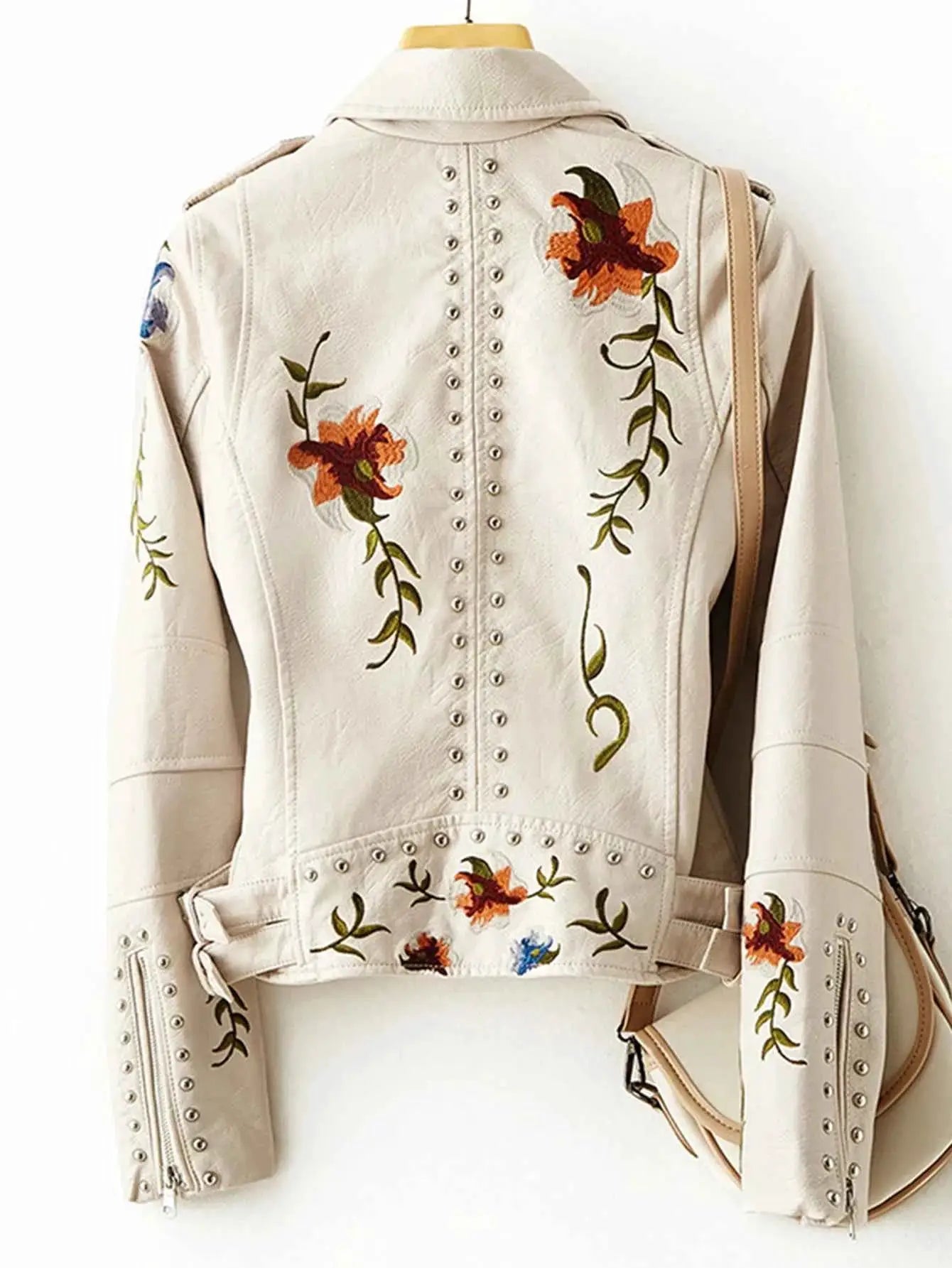 Women Rivet Floral Embroidery Moto Jacket Faux PU Leather Outerwear Black Punk Biker Style