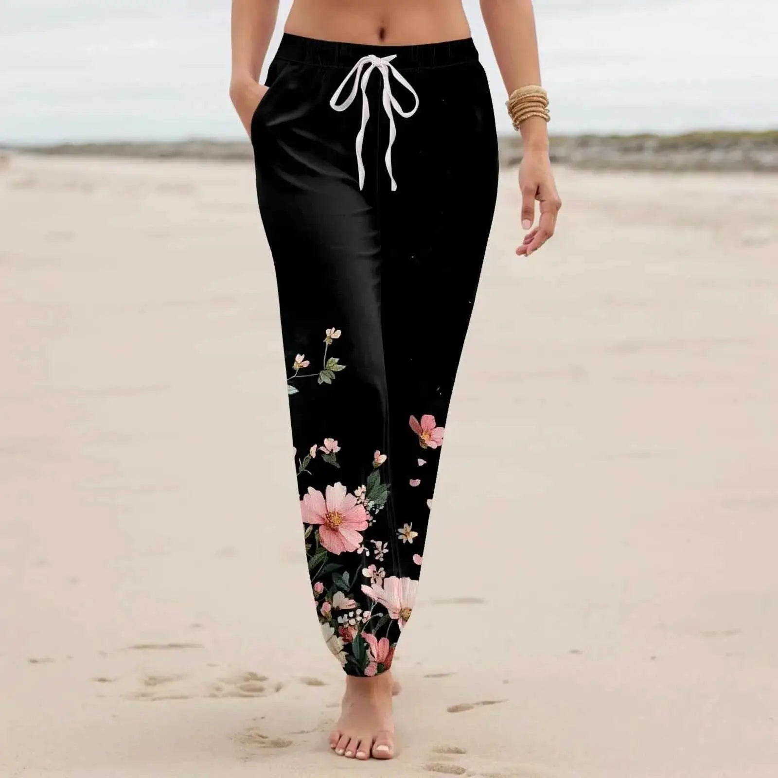 Women Casual Vintage Floral Printed Harem Pants With Pockets Drawstring Elastic Waist Beach Vacation Long Trousers