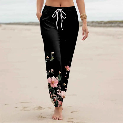 Women Casual Vintage Floral Printed Harem Pants With Pockets Drawstring Elastic Waist Beach Vacation Long Trousers