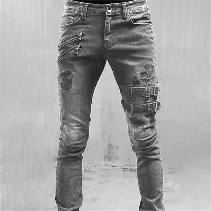 Mens Casual Stretch Cargo Denim Trousers Autumn Techwear Fashion Streetwear Cargo Y2K Skinny Jeans Punk Pants