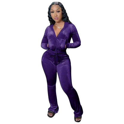 Women Autumn Velour Tracksuit Set Two Piece Zip Up Hooded Jacket Bodycon Flared Pants Jogger Outfit