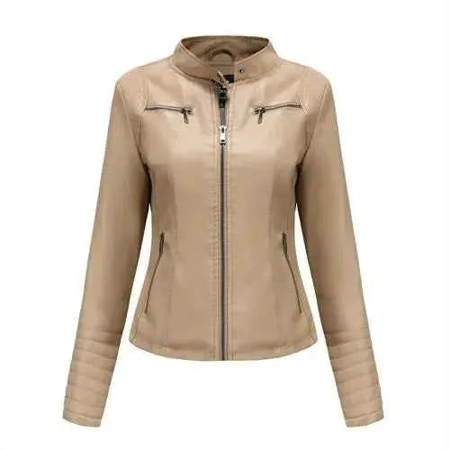 2026 Women's Slim Leather Jacket With Stand Up Collar Zipper Stitching Monochrome PU Coat Fashion Clothing