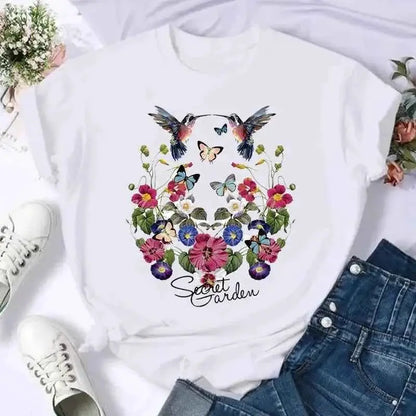 Women's Short Sleeve Butterfly Bow Floral Graphic Tee T Shirt Summer Casual Top For Everyday Wear