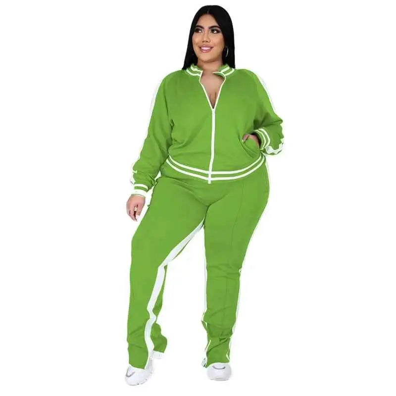 Plus Size Two Piece Sweatsuit For Women Zip Striped Top And Slit Jogger Pants Outfit Wholesale Dropshipping
