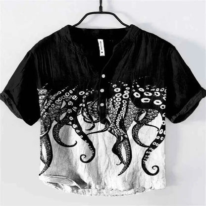 Summer Linen Blend Men's V Neck Short Sleeve T Shirt With The Great Wave Off Kanagawa Print
