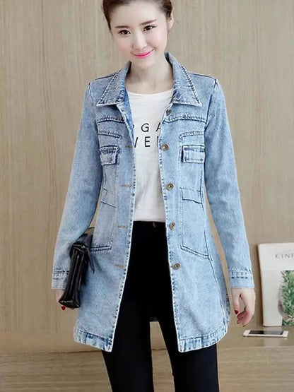 Zoki Autumn Women Denim Jacket Ripped Blue Long Sleeve Slim Fit Cotton Outwear 5XL