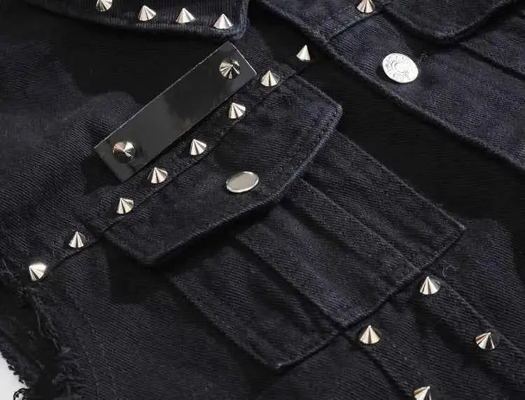 Mens Rivet Denim Vest Studded Sleeveless Jacket 6XL Plus Size Slim Fit Punk Party Wear Spring Fashion
