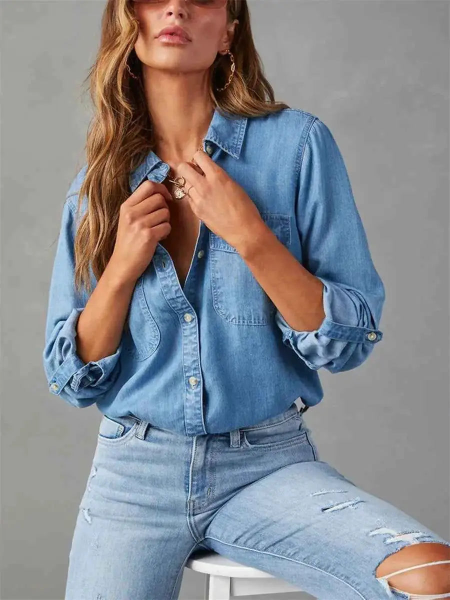 Womens Denim Shirt Solid Color Turn Down Collar Long Sleeve Jean Blouse Spring Casual Streetwear Top for Everyday Wear