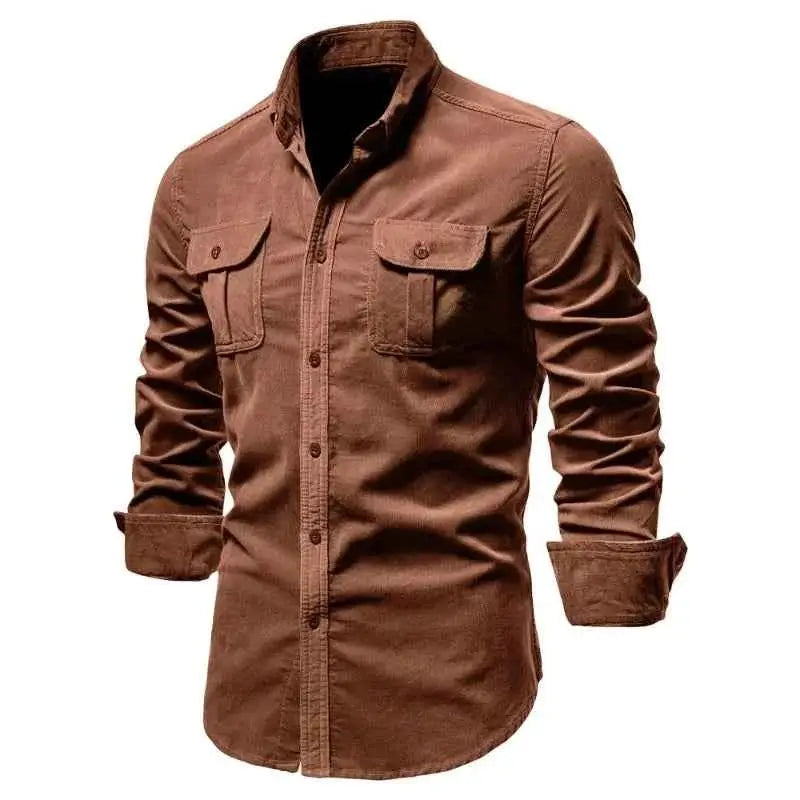 New Single Breasted 100 Percent Cotton Mens Shirt Corduroy Business Casual Solid Color Slim Fit Autumn