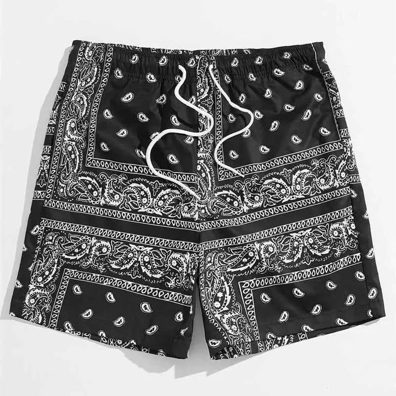 Mens Classic Perris Pattern Beach Shorts With Drawstring Board Shorts For Hawaii Vacation Swim Trunks