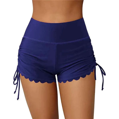 Women Swim Shorts High Waist Drawstring Wavy Hem Solid Beach Trunks For Surfing And Swimming