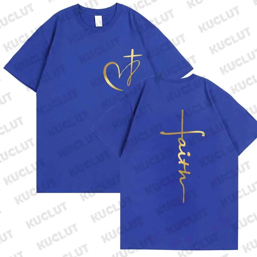 Women's Summer T Shirt Heart Cross Print Faith Jesus Tee Short Sleeve Top Fashion Brand Clothing