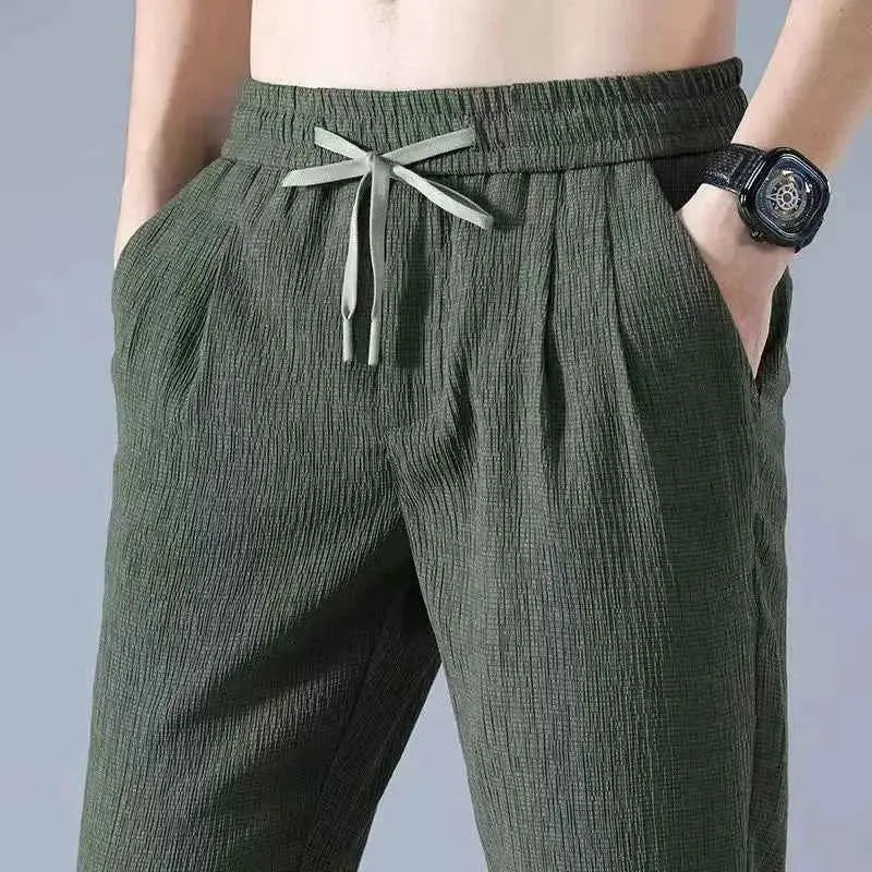 Summer Ninth Ultra Thin Ice Silk Pants For Men Loose Cotton Linen Casual Straight Harem Style