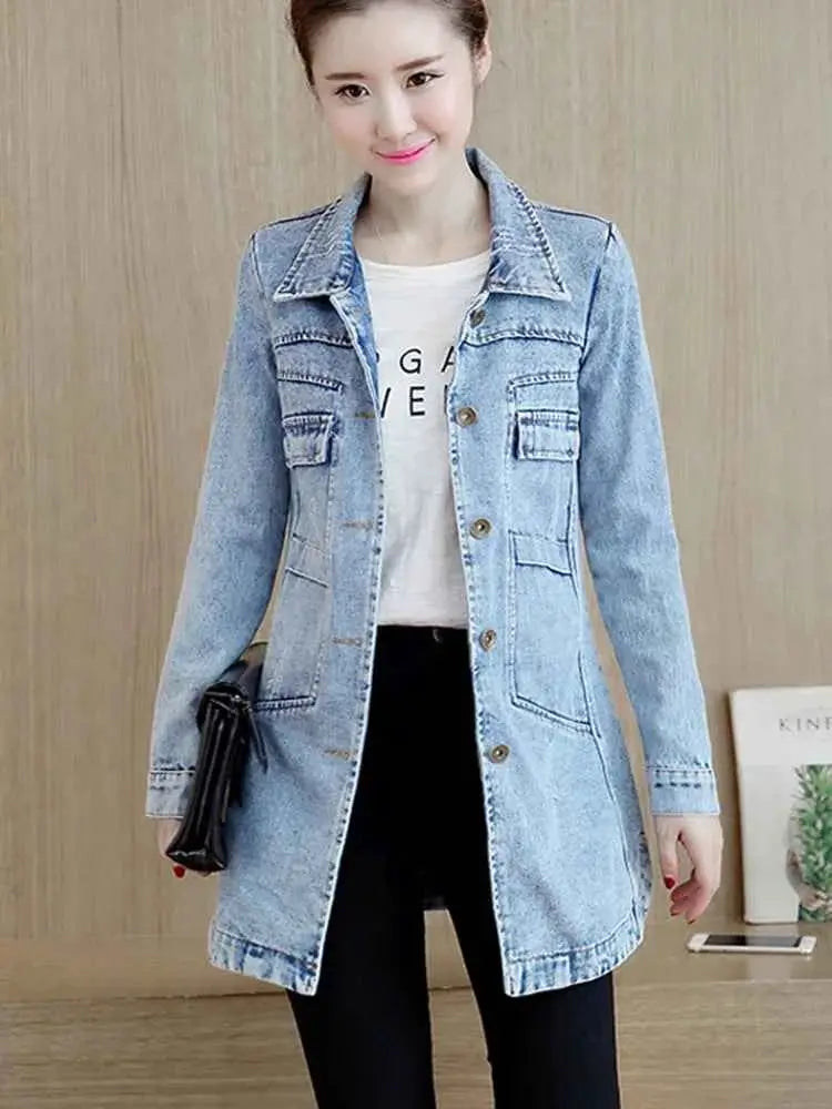 Zoki Autumn Women Denim Jacket Ripped Blue Long Sleeve Slim Fit Cotton Outwear 5XL