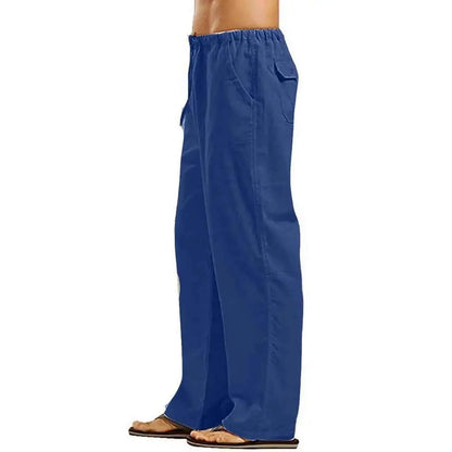 Mens Summer Casual Breathable Loose Lightweight Straight Pants With Multiple Pockets Solid Color Linen Trousers